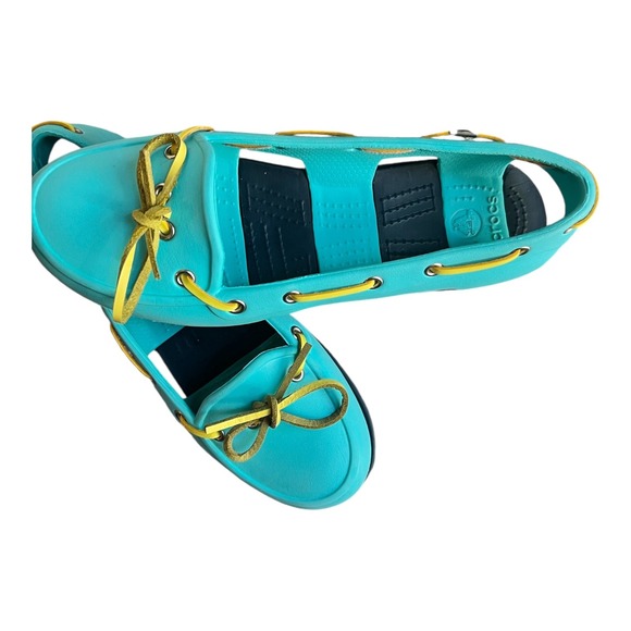 Crocs Women's Shoes Sz 8 Turquoise Blue Yellow Boat Shoes Slip On Comfort - Picture 4 of 10